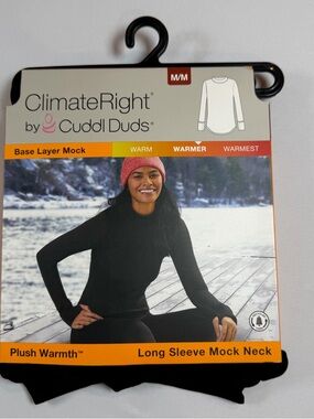 Cuddl Duds Black Plush Warmth Long Sleeve Mock Neck Top with Mitten Cuff Medium